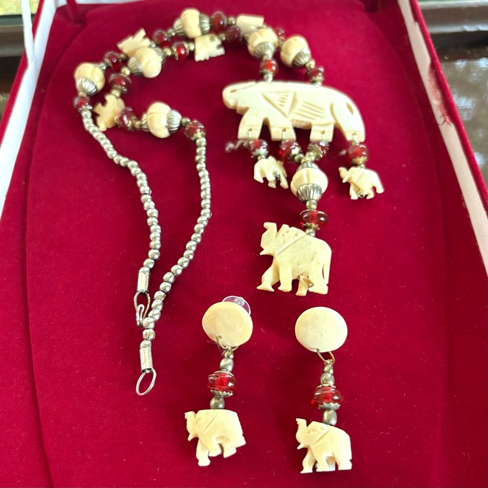Vintage Elephant Statement Necklace and Earrings Set with Red Beads